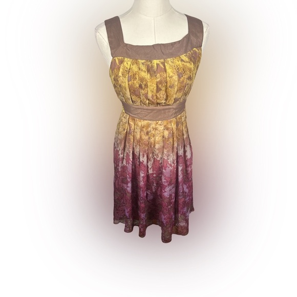 Anna Sui 100% Silk Pleated Ombre Cocktail Dress Size 0 – Yellow/Brown/Pink - Picture 1 of 6
